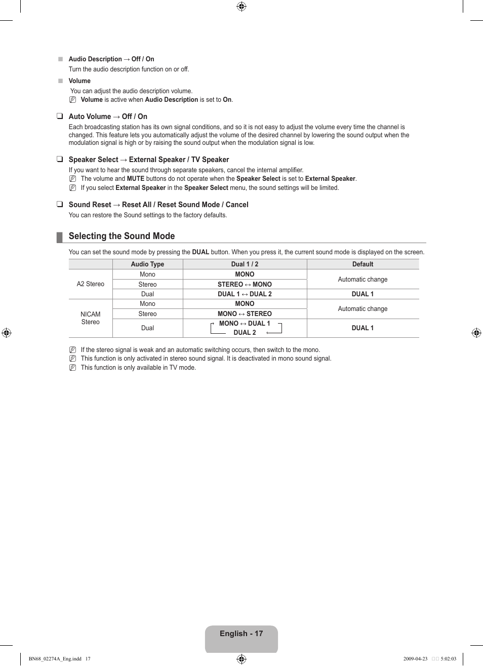 Selecting the sound mode | Samsung LE32B530P7N User Manual | Page 19 / 282