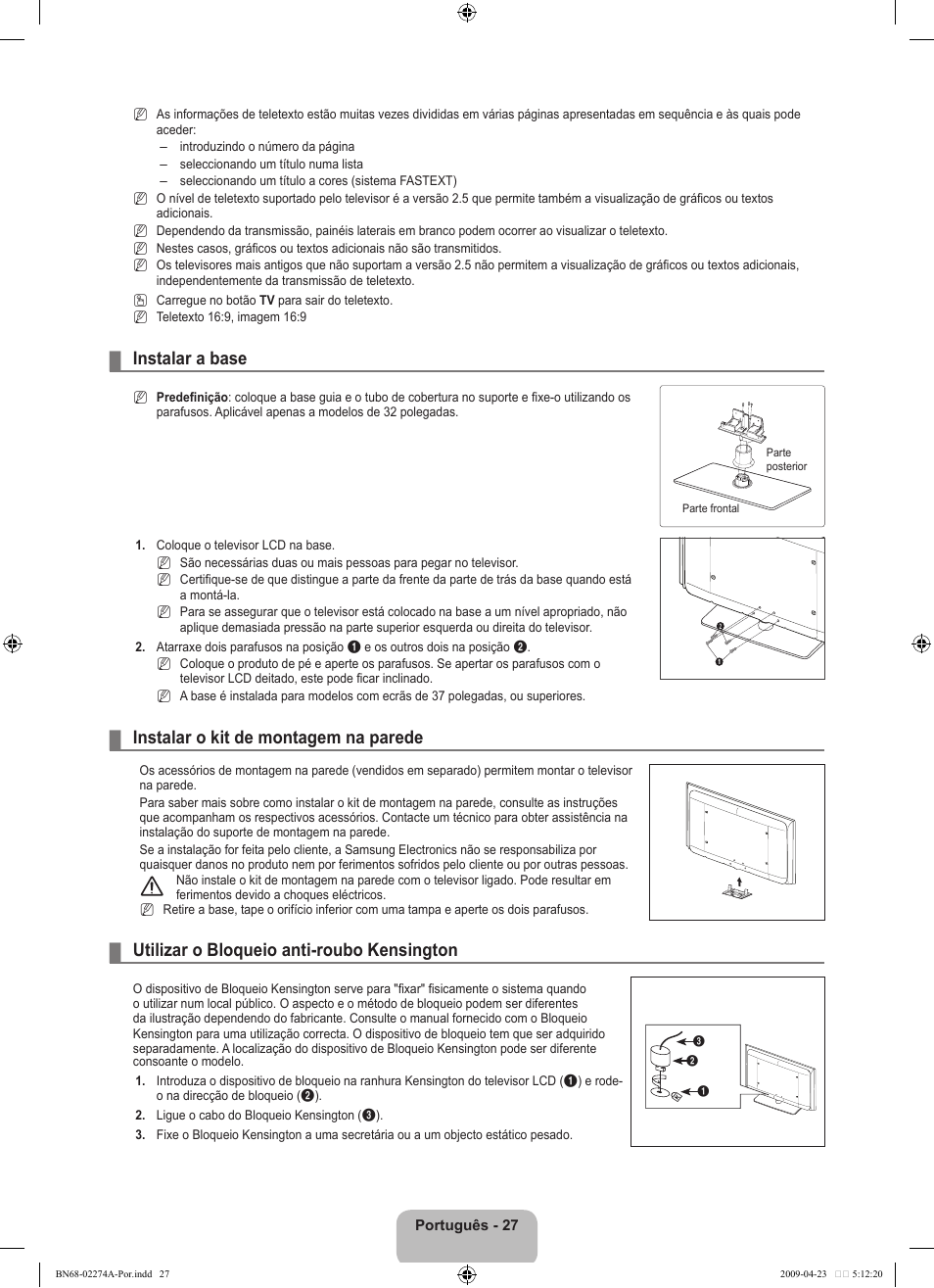 Instalar a base, Instalar o kit de montagem na parede, Utilizar o bloqueio anti-roubo kensington | Samsung LE32B530P7N User Manual | Page 211 / 282