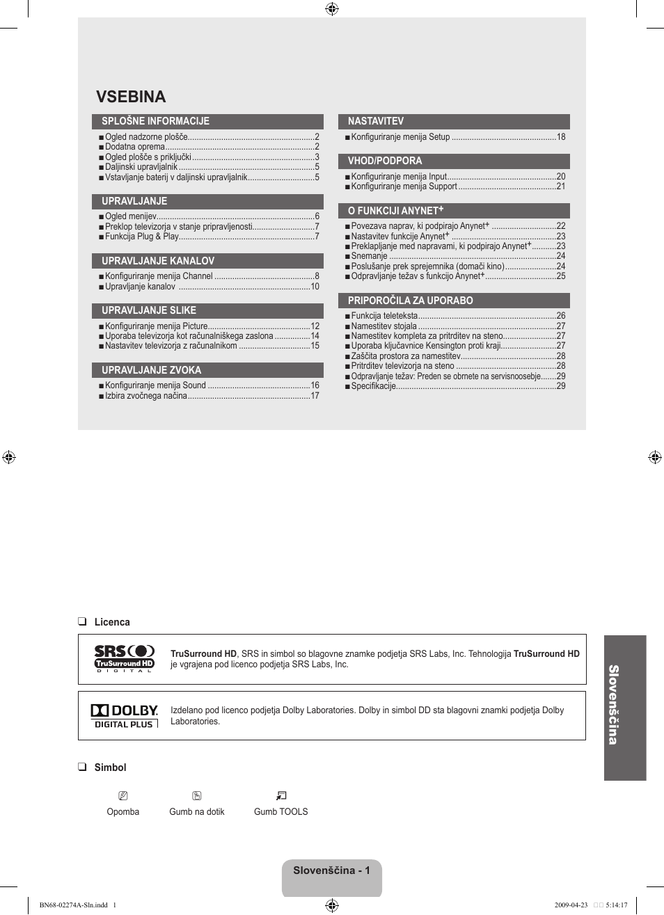 Vsebina, Slo venščina | Samsung LE32B530P7N User Manual | Page 215 / 282