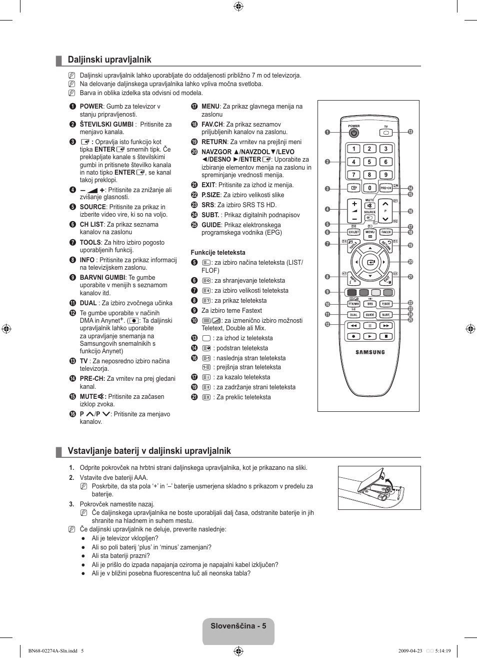 Daljinski upravljalnik, Vstavljanje baterij v daljinski upravljalnik | Samsung LE32B530P7N User Manual | Page 219 / 282
