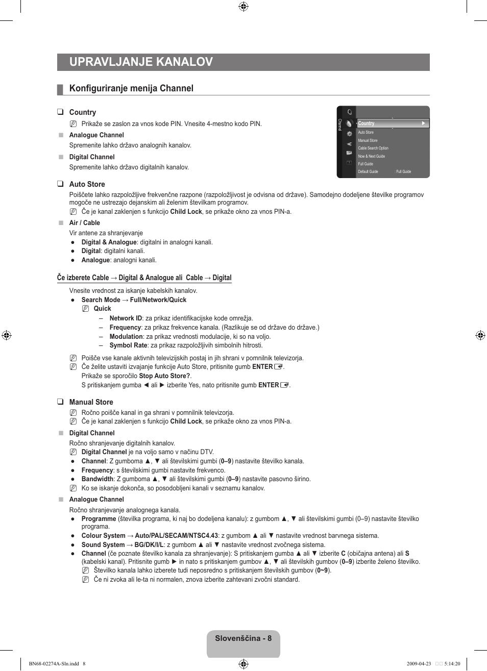 Upravljanje kanalov, Konfiguriranje menija channel | Samsung LE32B530P7N User Manual | Page 222 / 282