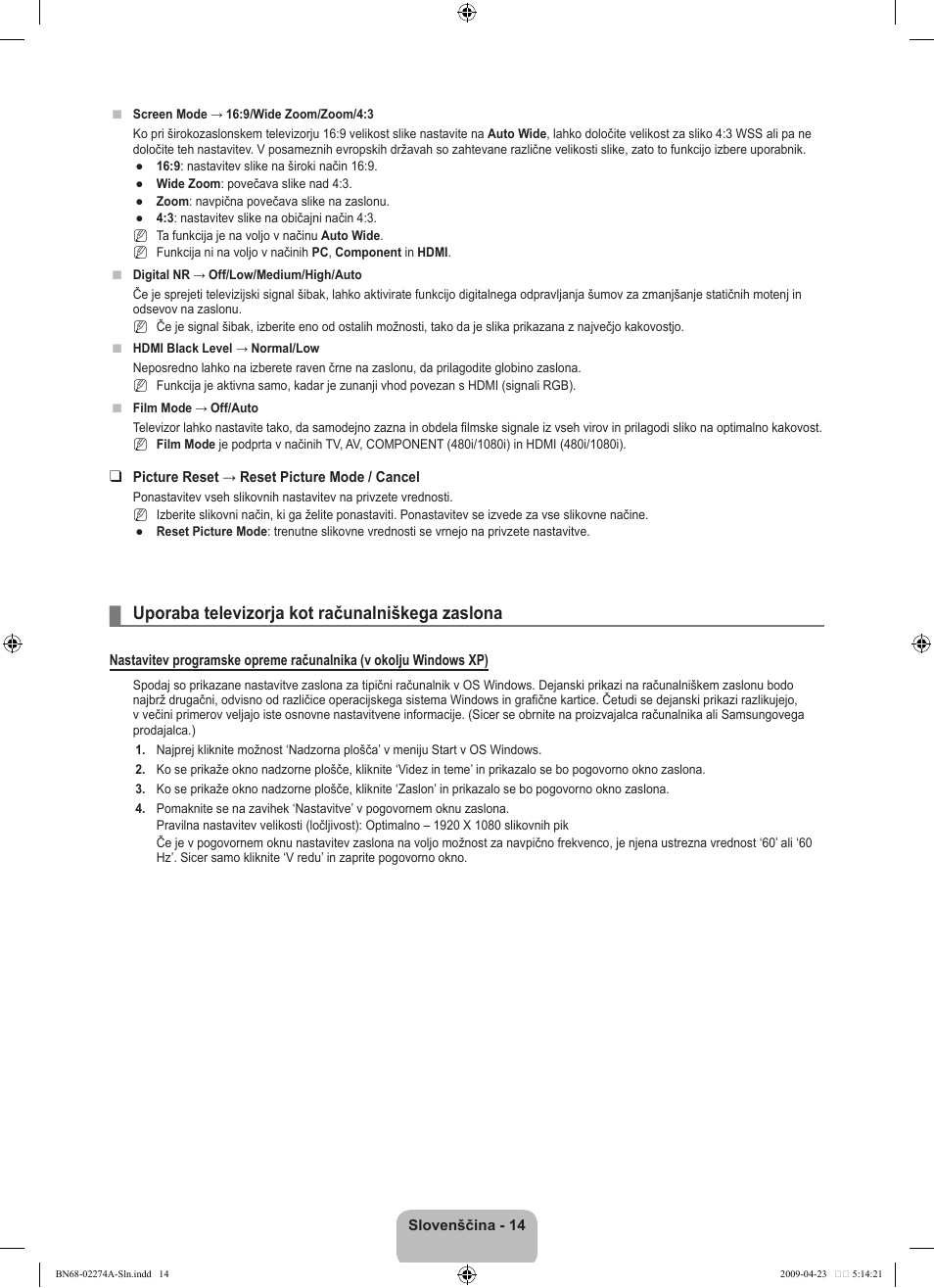 Uporaba televizorja kot računalniškega zaslona | Samsung LE32B530P7N User Manual | Page 228 / 282