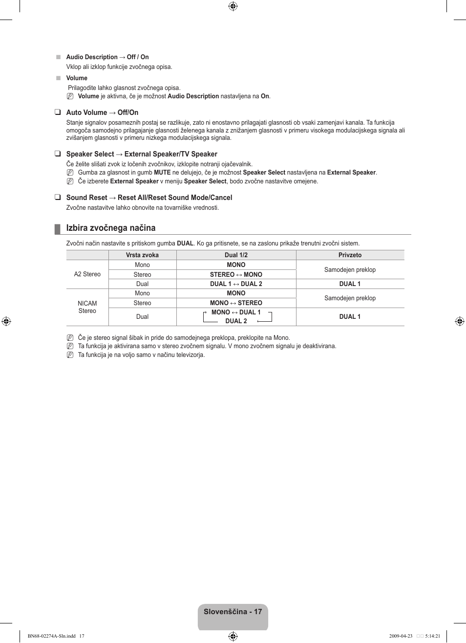 Izbira zvočnega načina | Samsung LE32B530P7N User Manual | Page 231 / 282