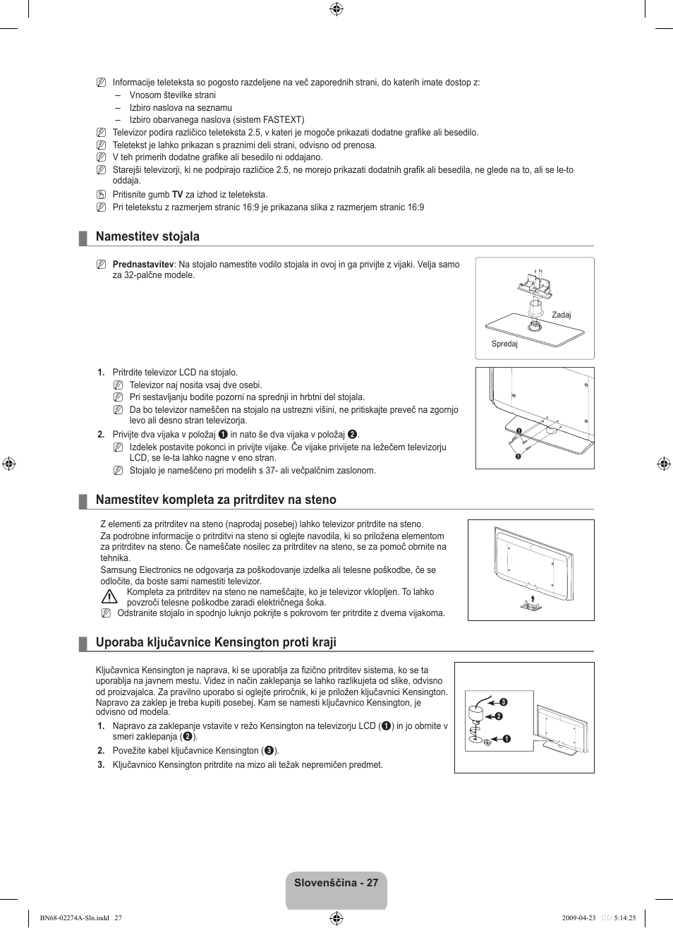 Namestitev stojala, Namestitev kompleta za pritrditev na steno, Uporaba ključavnice kensington proti kraji | Samsung LE32B530P7N User Manual | Page 241 / 282
