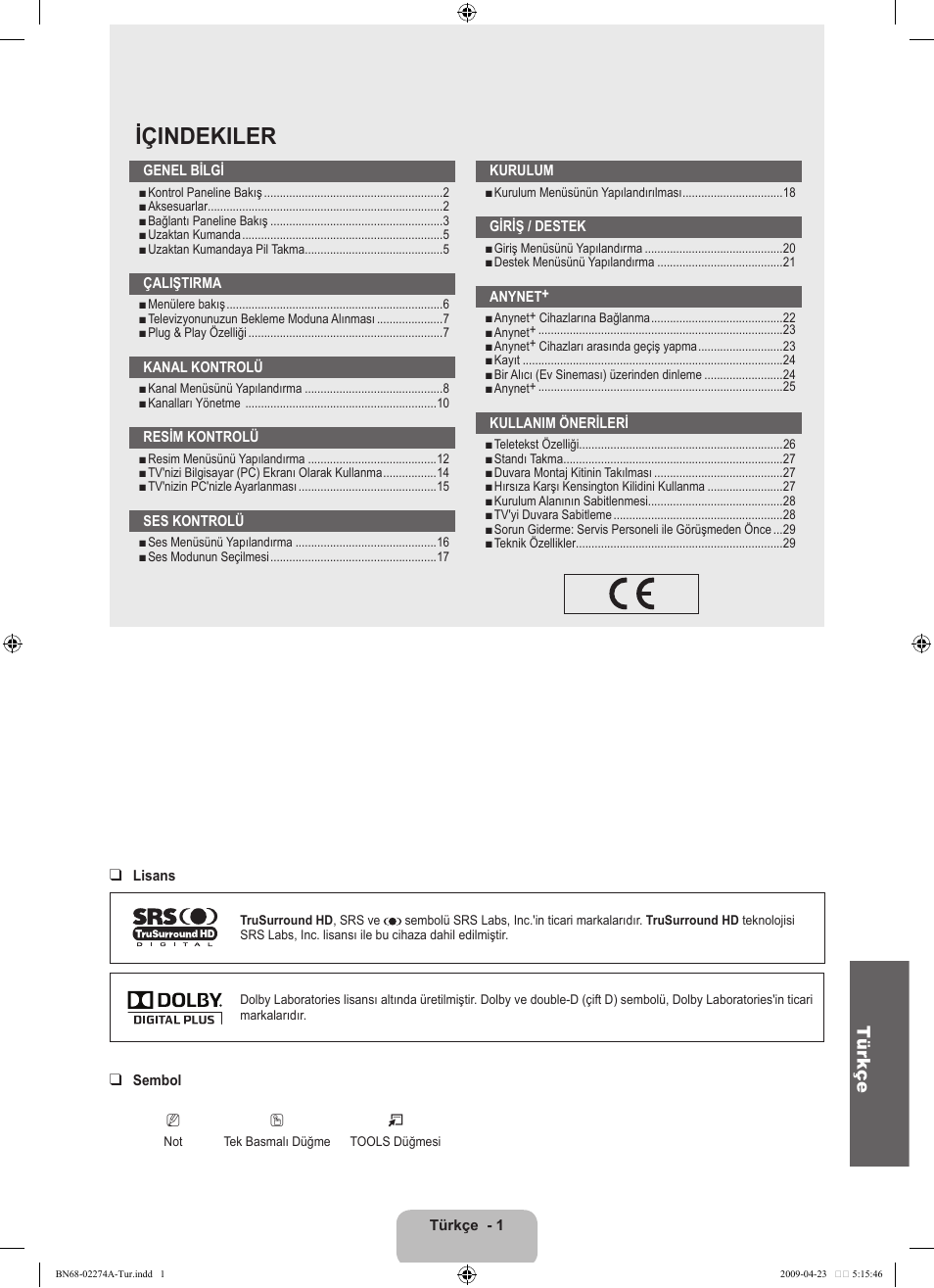 Içindekiler, Tür kçe | Samsung LE32B530P7N User Manual | Page 245 / 282