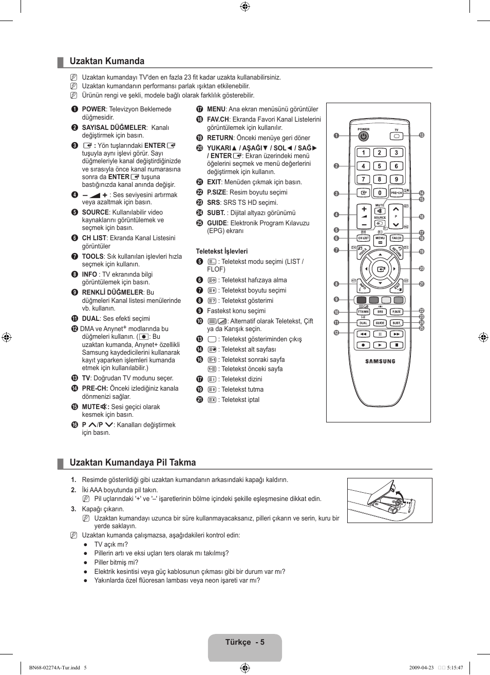 Uzaktan kumanda, Uzaktan kumandaya pil takma | Samsung LE32B530P7N User Manual | Page 249 / 282