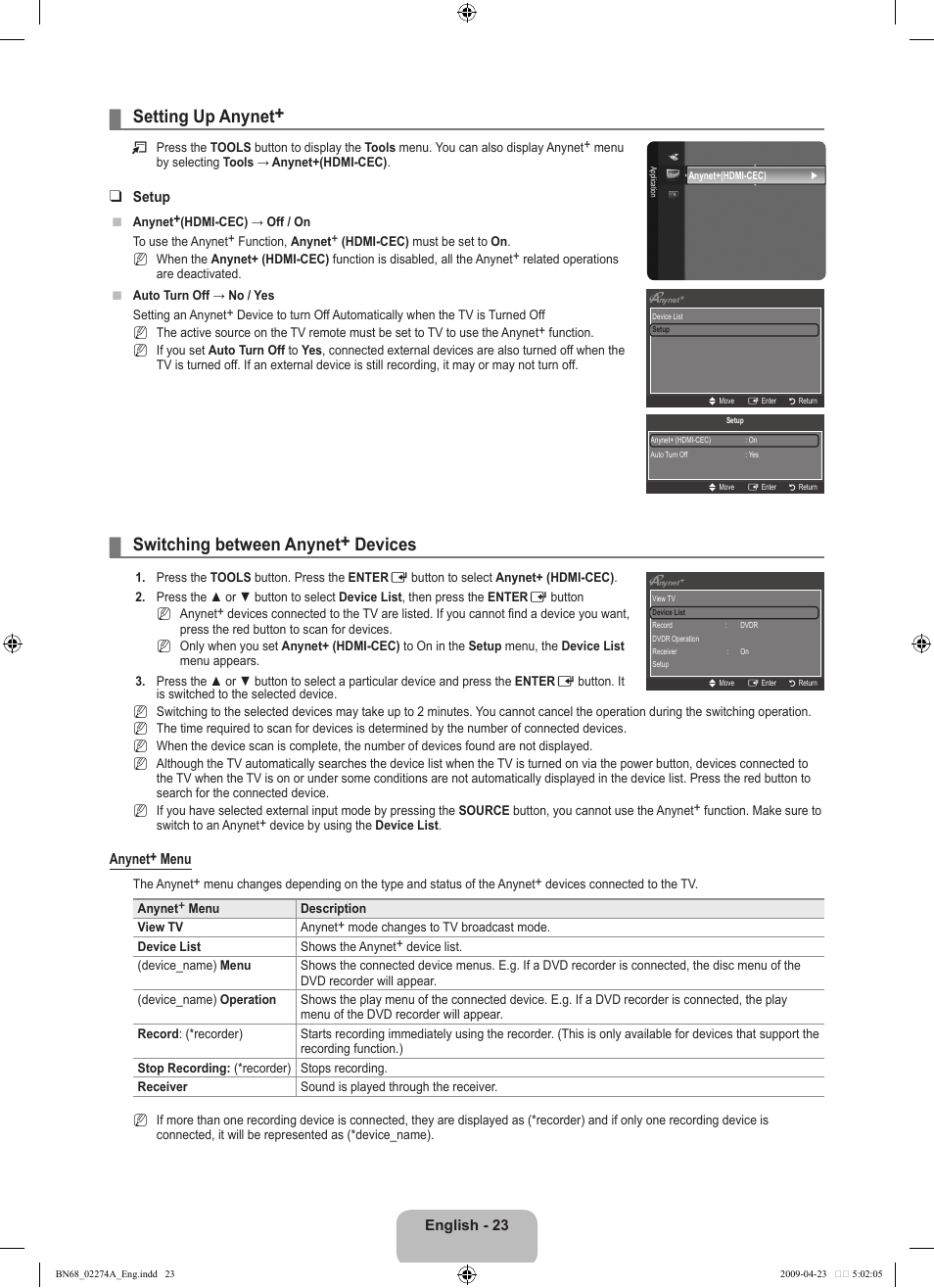 Setting up anynet, Switching between anynet+ devices | Samsung LE32B530P7N User Manual | Page 25 / 282