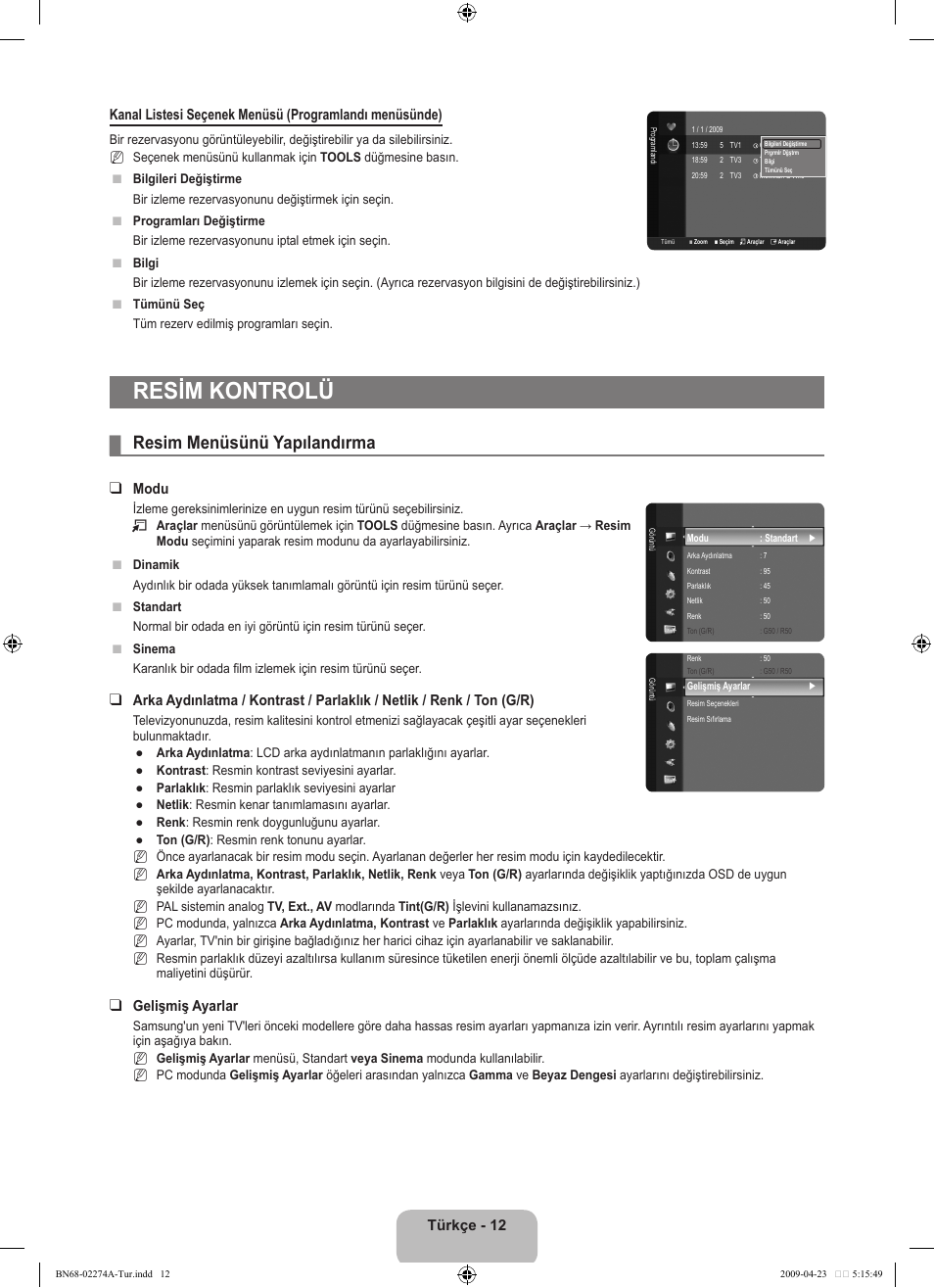 Resim kontrolü, Resim menüsünü yapılandırma, Modu | Gelişmiş ayarlar | Samsung LE32B530P7N User Manual | Page 256 / 282