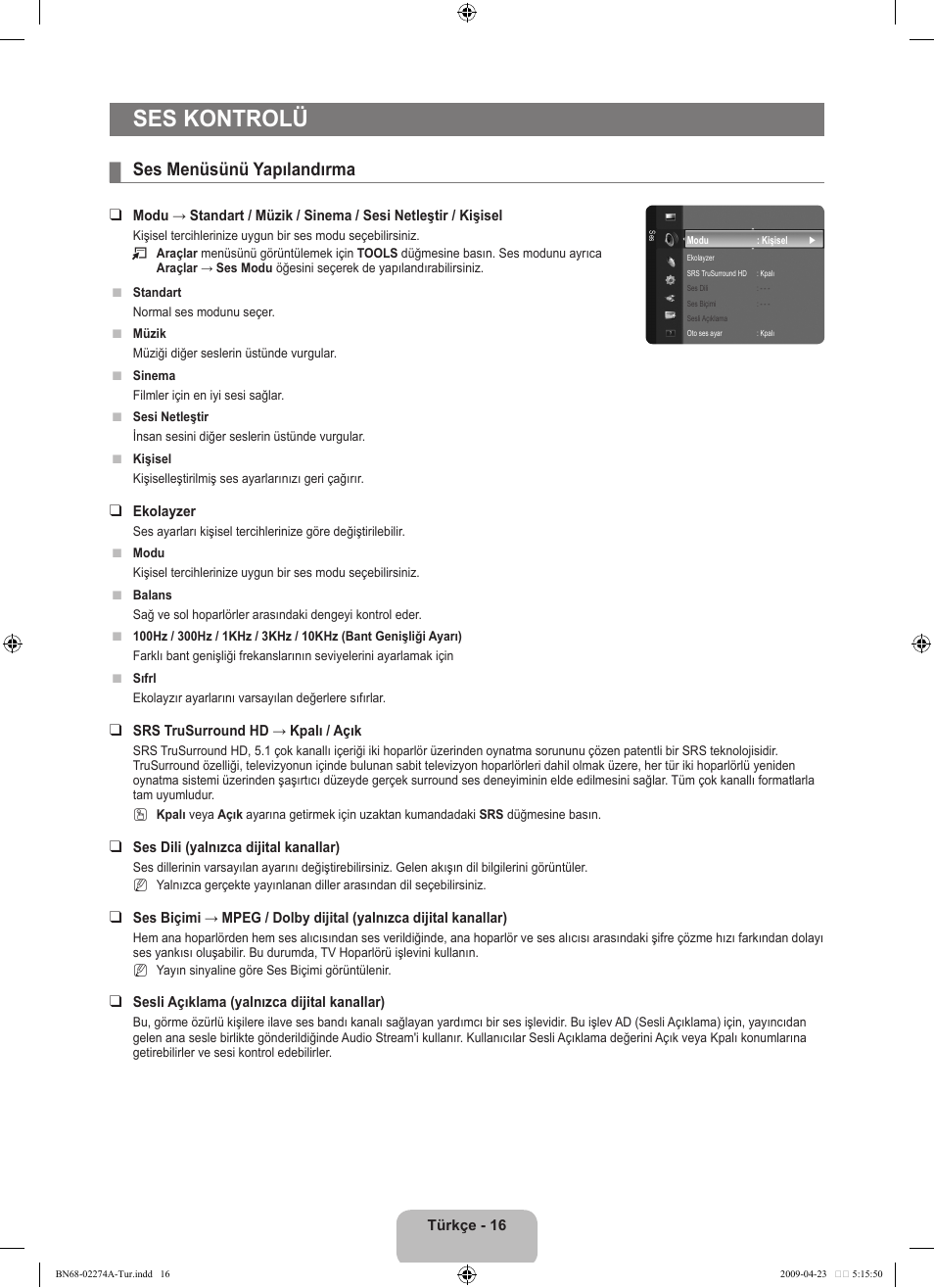 Ses kontrolü, Ses menüsünü yapılandırma | Samsung LE32B530P7N User Manual | Page 260 / 282