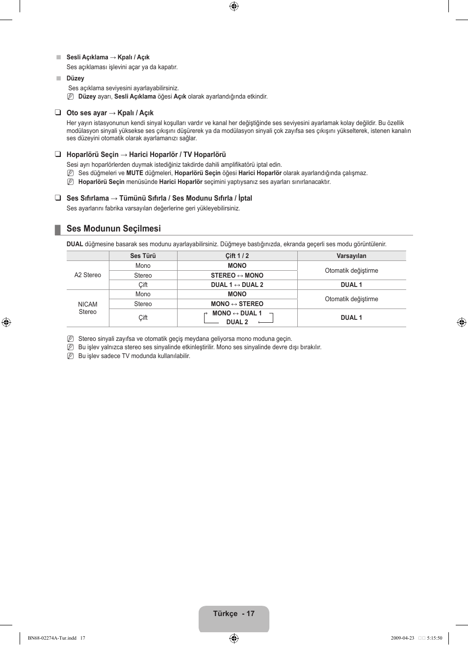 Ses modunun seçilmesi | Samsung LE32B530P7N User Manual | Page 261 / 282