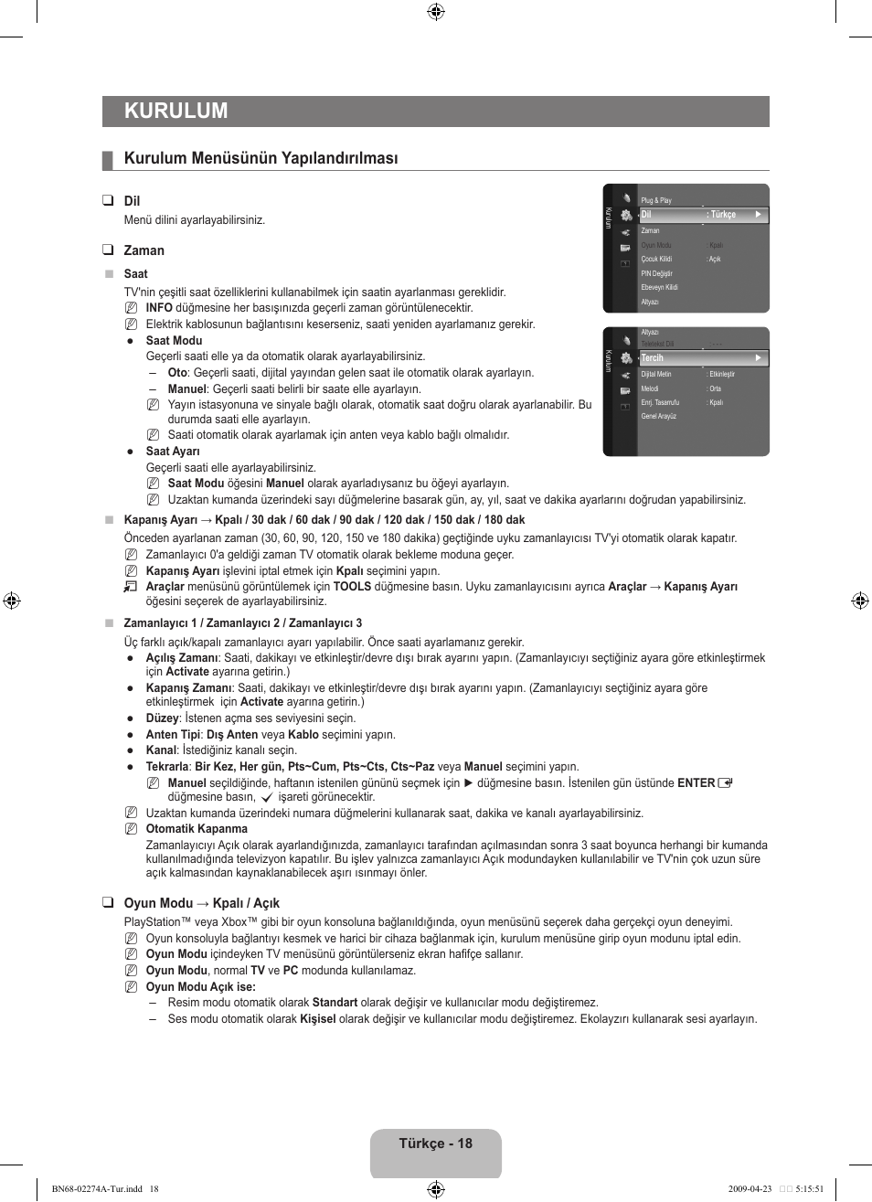 Kurulum, Kurulum menüsünün yapılandırılması | Samsung LE32B530P7N User Manual | Page 262 / 282