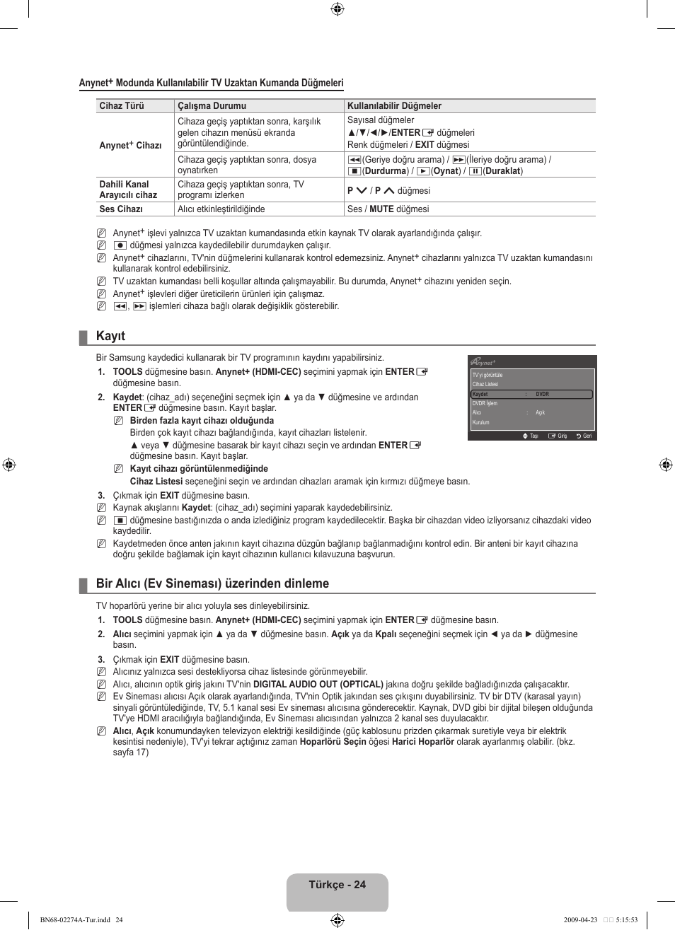Kayıt, Bir alıcı (ev sineması) üzerinden dinleme | Samsung LE32B530P7N User Manual | Page 268 / 282