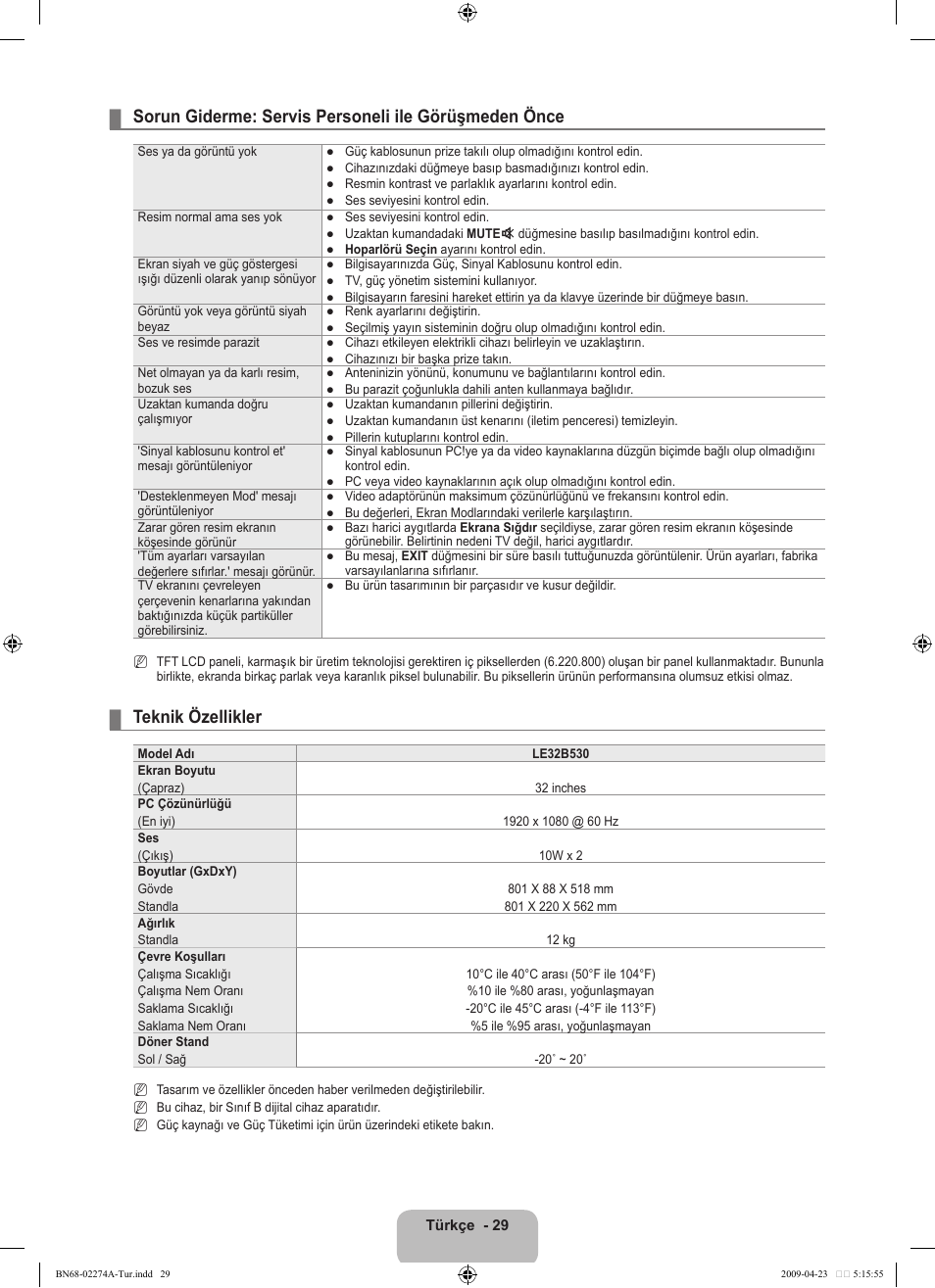 Teknik özellikler | Samsung LE32B530P7N User Manual | Page 273 / 282