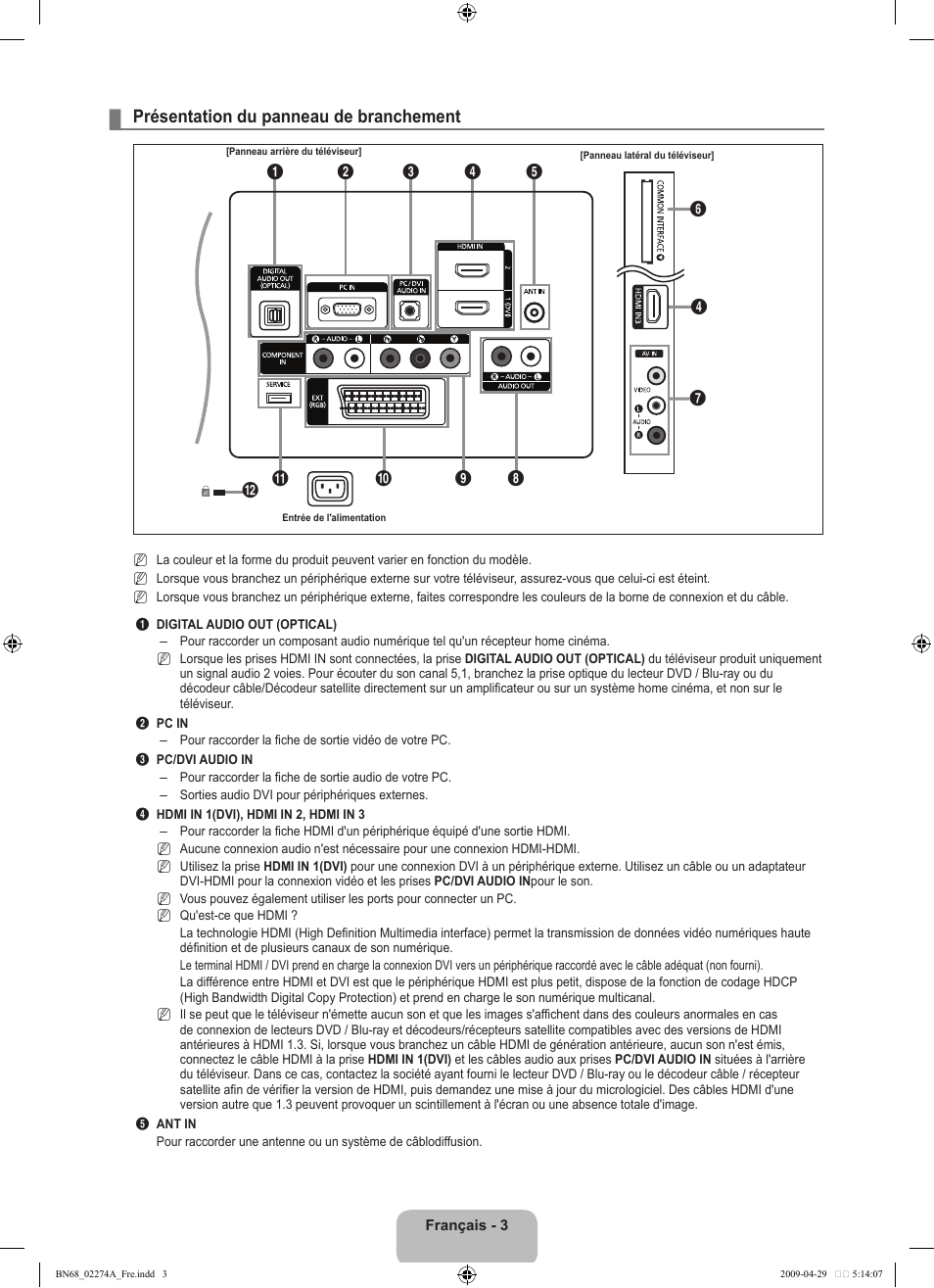 Présentation du panneau de branchement | Samsung LE32B530P7N User Manual | Page 35 / 282