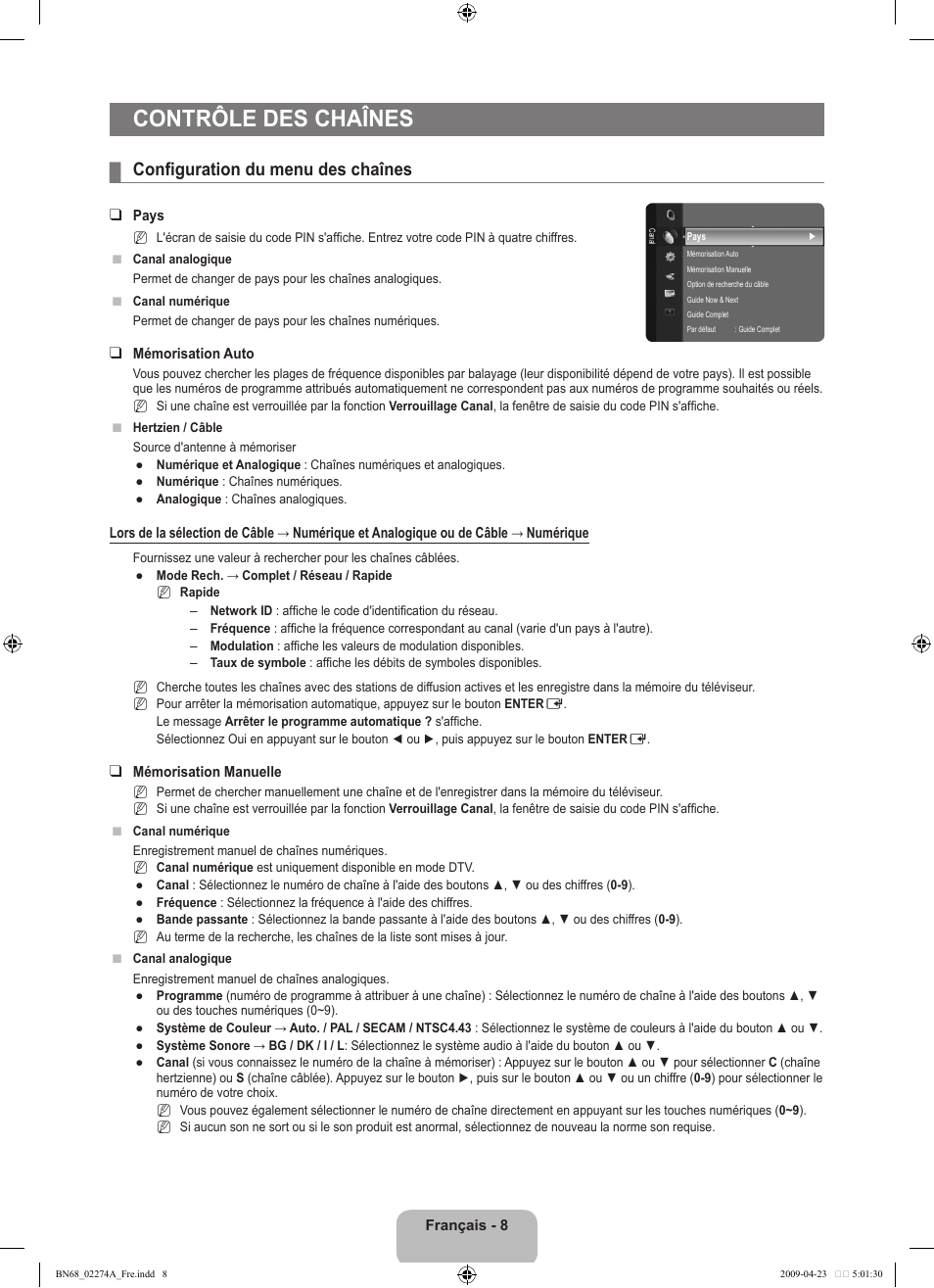 Contrôle des chaînes, Configuration du menu des chaînes | Samsung LE32B530P7N User Manual | Page 40 / 282