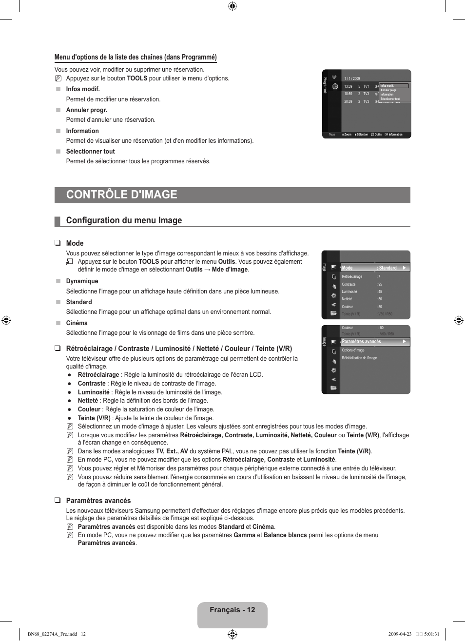 Contrôle d'image, Configuration du menu image, Mode | Paramètres avancés, Français - 12 | Samsung LE32B530P7N User Manual | Page 44 / 282