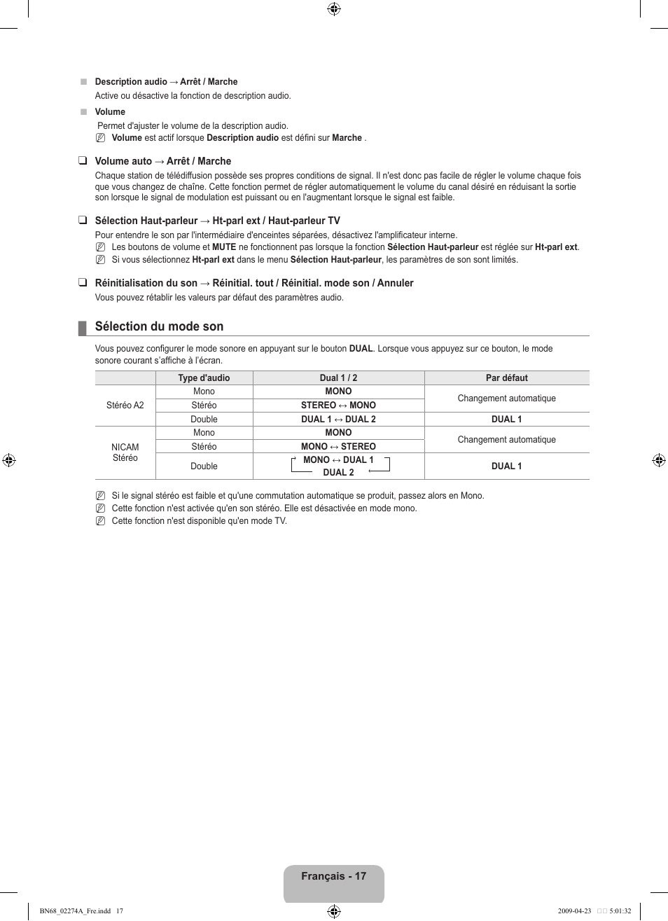 Sélection du mode son | Samsung LE32B530P7N User Manual | Page 49 / 282