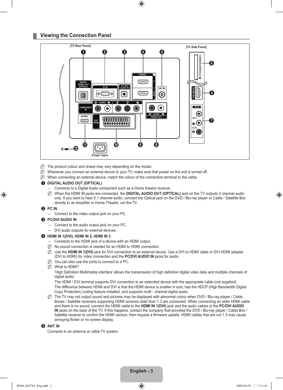 Viewing the connection panel | Samsung LE32B530P7N User Manual | Page 5 / 282
