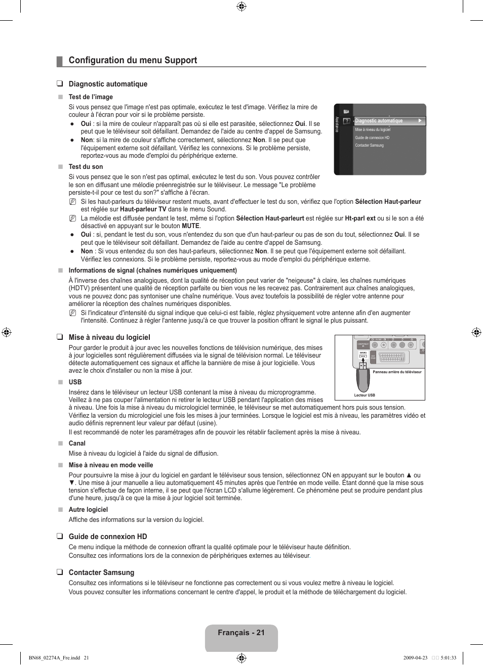 Configuration du menu support | Samsung LE32B530P7N User Manual | Page 53 / 282