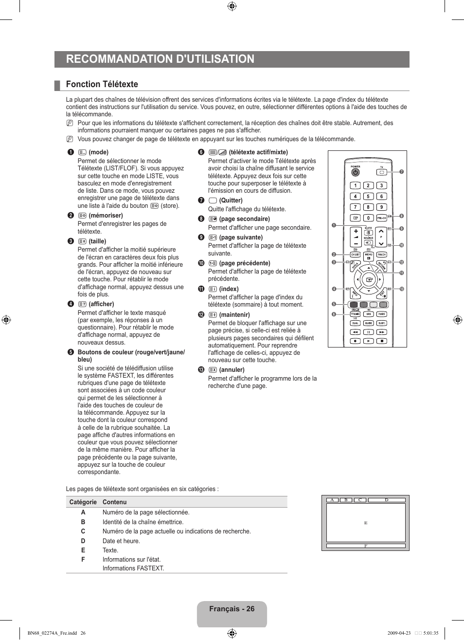 Recommandation d'utilisation, Fonction télétexte | Samsung LE32B530P7N User Manual | Page 58 / 282
