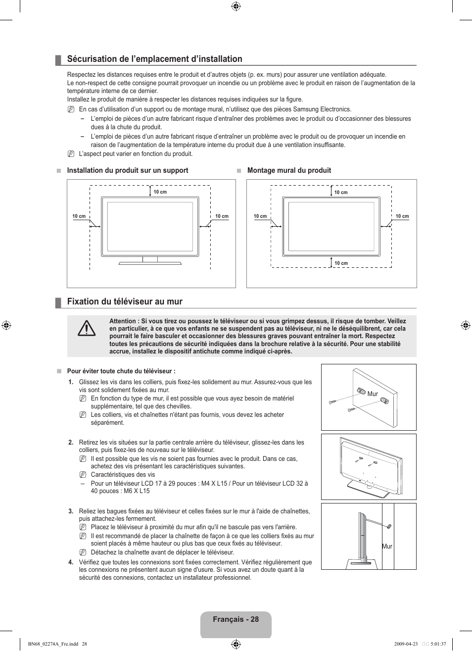 Sécurisation de l’emplacement d’installation, Fixation du téléviseur au mur | Samsung LE32B530P7N User Manual | Page 60 / 282