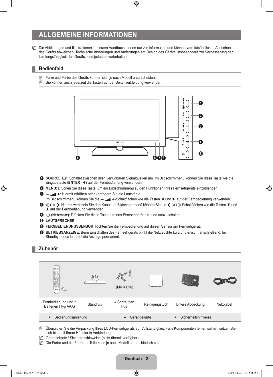 Allgemeine informationen, Bedienfeld, Zubehör | Samsung LE32B530P7N User Manual | Page 64 / 282