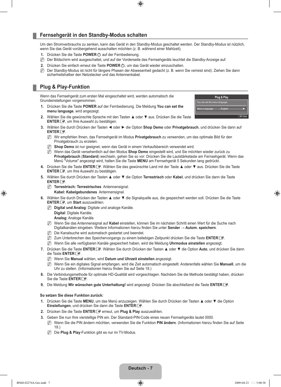 Fernsehgerät in den standby-modus schalten, Plug & play-funktion | Samsung LE32B530P7N User Manual | Page 69 / 282