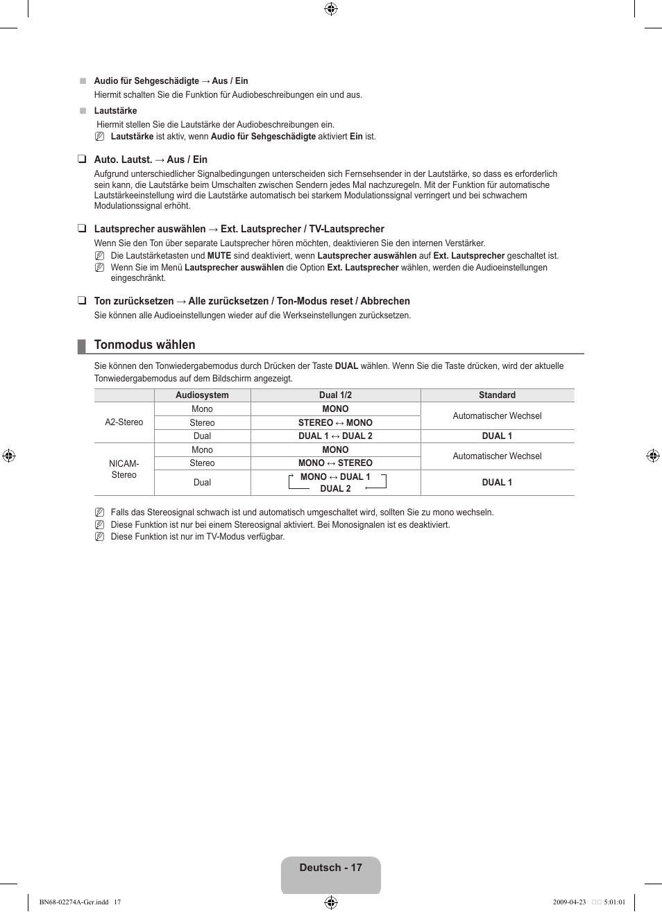 Tonmodus wählen | Samsung LE32B530P7N User Manual | Page 79 / 282
