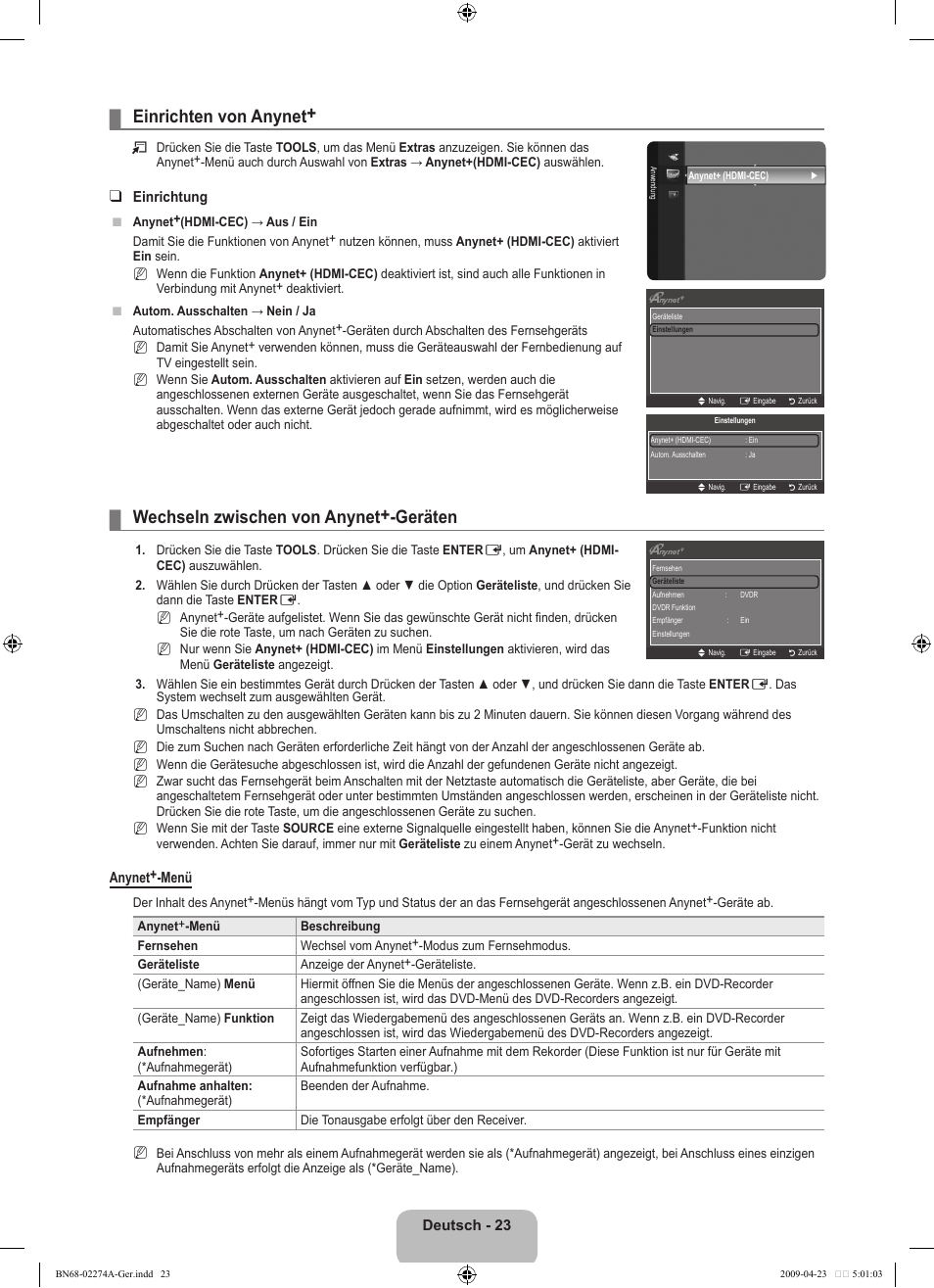 Einrichten von anynet, Wechseln zwischen von anynet+-geräten | Samsung LE32B530P7N User Manual | Page 85 / 282
