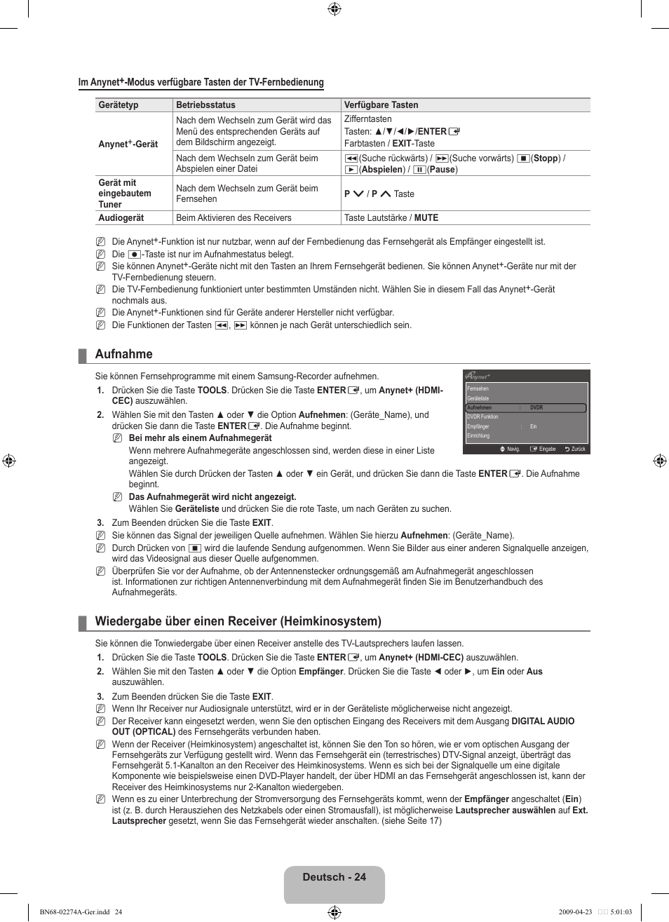 Aufnahme, Wiedergabe über einen receiver (heimkinosystem) | Samsung LE32B530P7N User Manual | Page 86 / 282