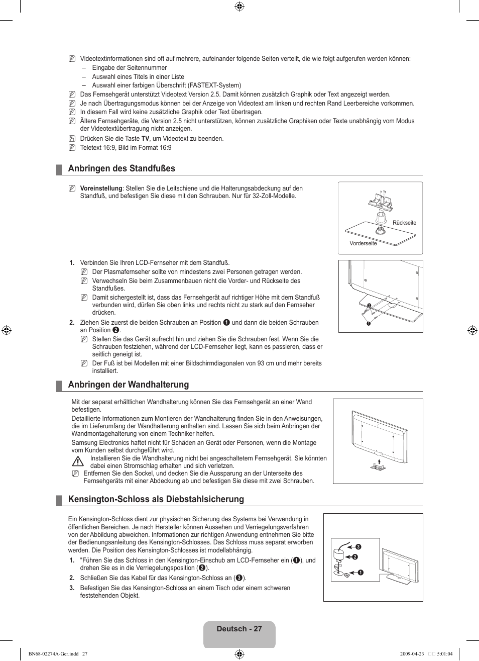 Anbringen des standfußes, Anbringen der wandhalterung, Kensington-schloss als diebstahlsicherung | Samsung LE32B530P7N User Manual | Page 89 / 282