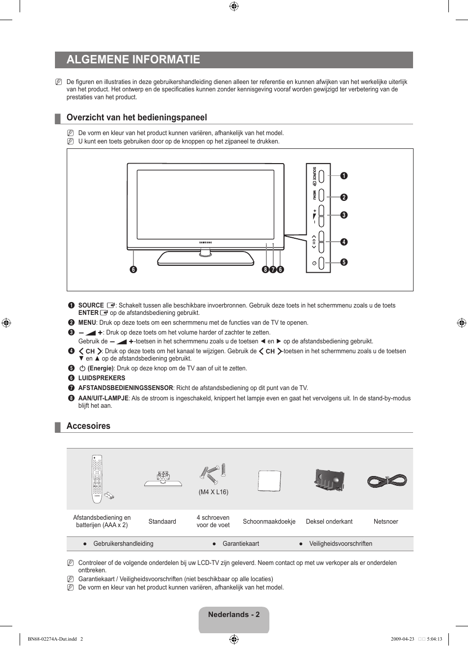 Algemene informatie, Overzicht van het bedieningspaneel, Accesoires | Samsung LE32B530P7N User Manual | Page 94 / 282