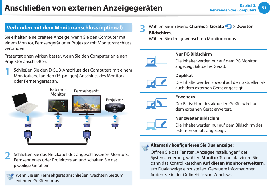 Anschließen von externen anzeigegeräten, Verbinden mit dem monitoranschluss (optional) | Samsung NP450R5GE User Manual | Page 52 / 122