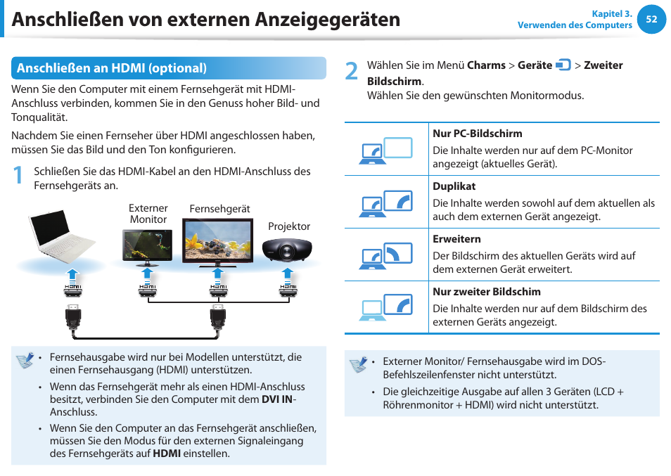 Anschließen von externen anzeigegeräten, Anschließen an hdmi (optional) | Samsung NP450R5GE User Manual | Page 53 / 122