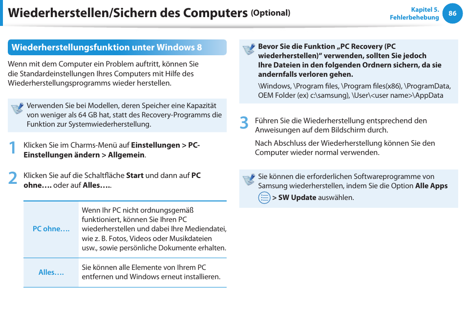 Wiederherstellen/sichern des computers | Samsung NP450R5GE User Manual | Page 87 / 122