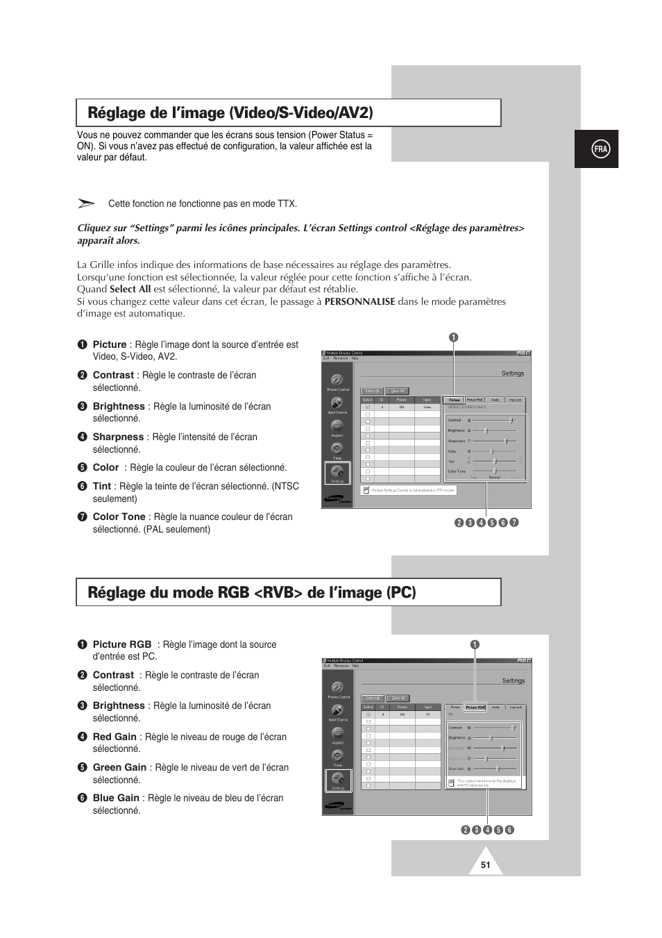 Réglage de l’image (video/s-video/av2), Réglage du mode rgb <rvb> de l’image (pc) | Samsung PS-50P2HT User Manual | Page 163 / 337