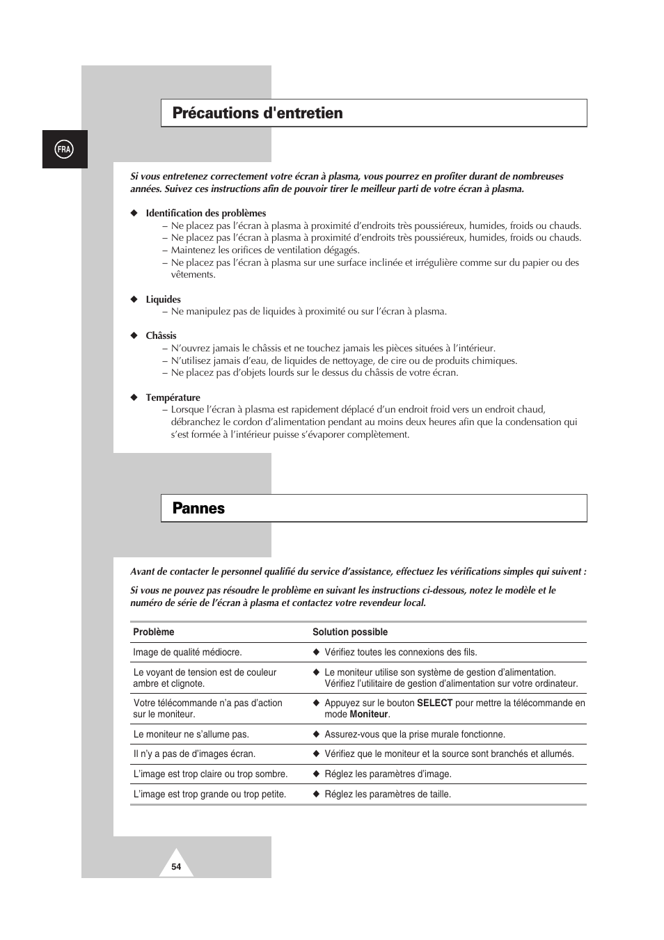 Précautions d'entretien pannes | Samsung PS-50P2HT User Manual | Page 166 / 337