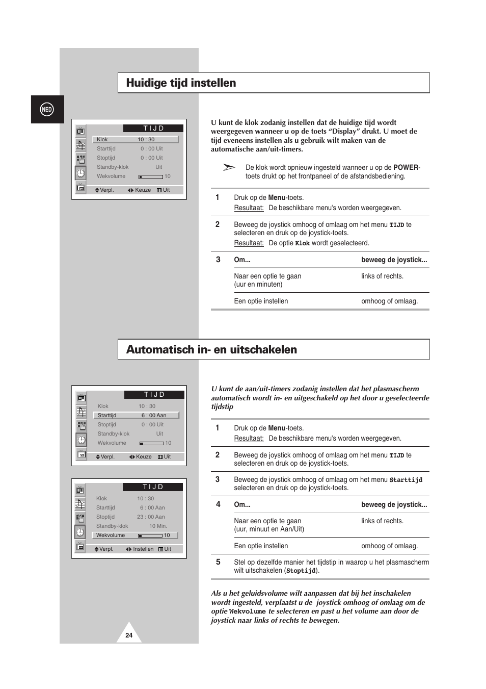 Automatisch in- en uitschakelen, Huidige tijd instellen | Samsung PS-50P2HT User Manual | Page 192 / 337