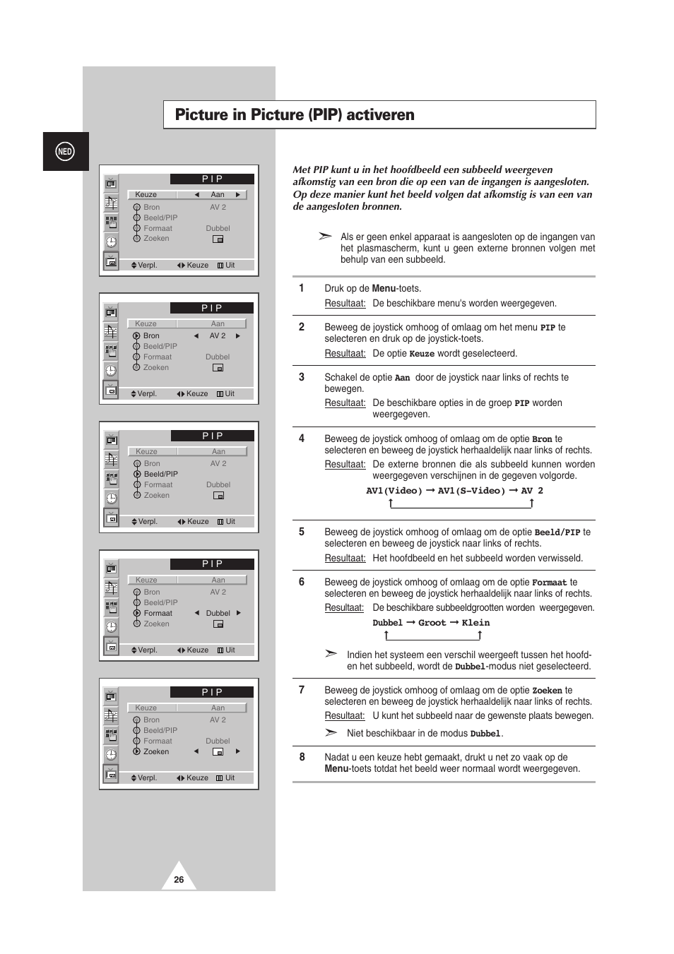 Picture in picture (pip) activeren | Samsung PS-50P2HT User Manual | Page 194 / 337