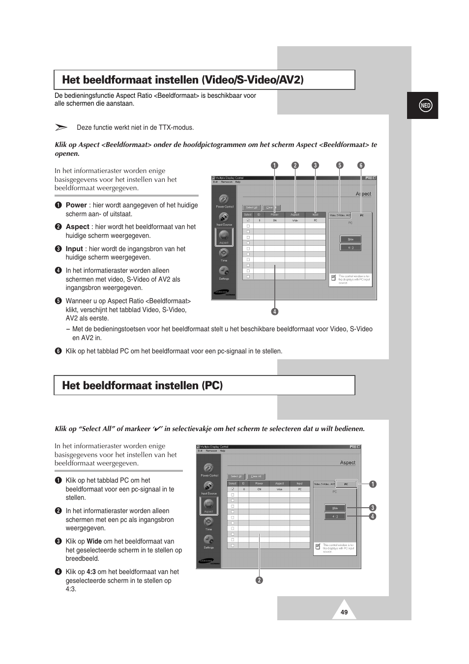 Het beeldformaat instellen (video/s-video/av2), Het beeldformaat instellen (pc) | Samsung PS-50P2HT User Manual | Page 217 / 337