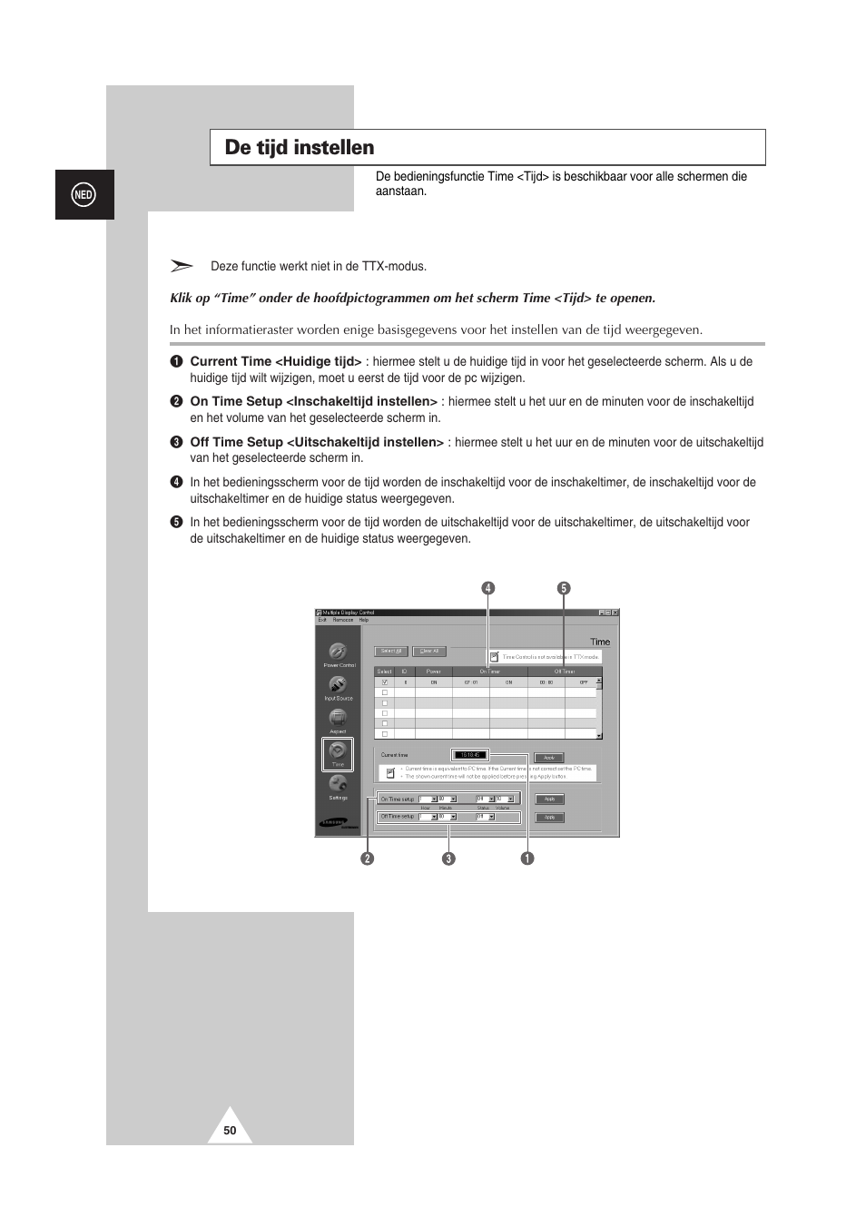 De tijd instellen | Samsung PS-50P2HT User Manual | Page 218 / 337