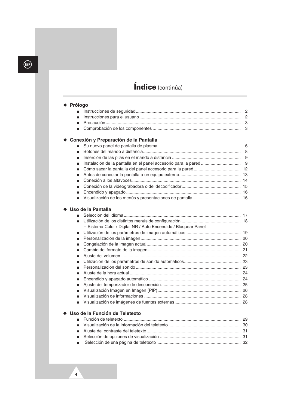 Índice, Continúa), Prólogo | Conexión y preparación de la pantalla, Uso de la pantalla, Uso de la función de teletexto | Samsung PS-50P2HT User Manual | Page 228 / 337