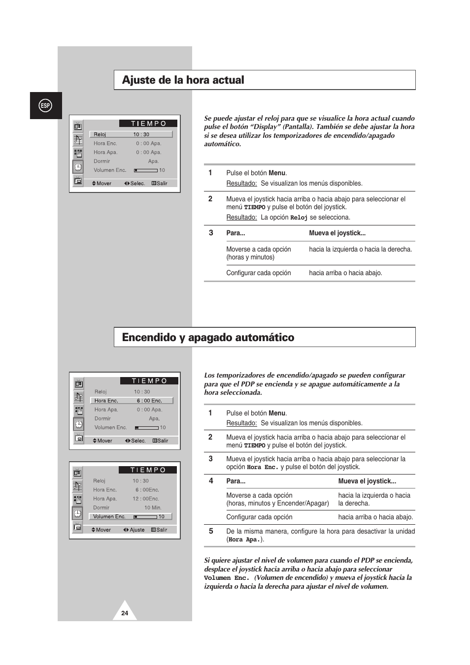 Encendido y apagado automático, Ajuste de la hora actual | Samsung PS-50P2HT User Manual | Page 248 / 337