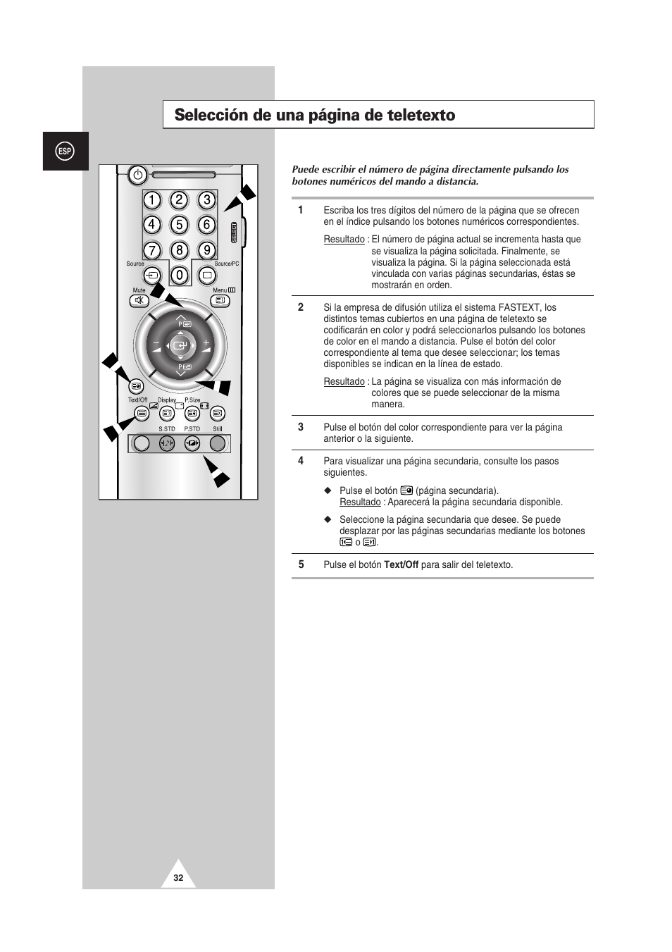 Selección de una página de teletexto | Samsung PS-50P2HT User Manual | Page 256 / 337
