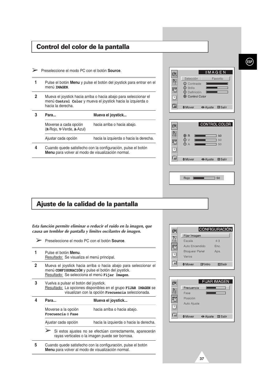 Control del color de la pantalla, Ajuste de la calidad de la pantalla | Samsung PS-50P2HT User Manual | Page 261 / 337