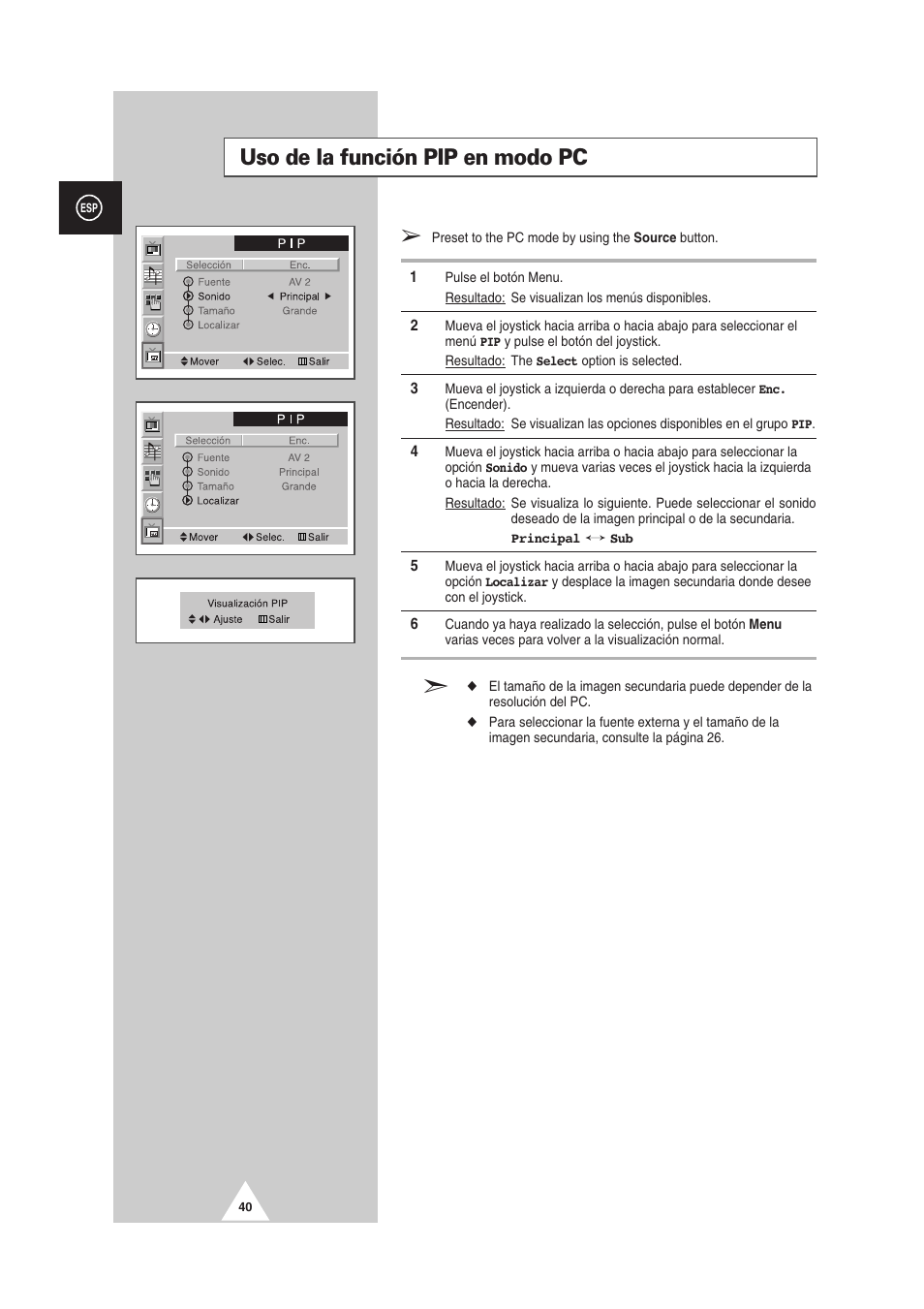 Uso de la función pip en modo pc | Samsung PS-50P2HT User Manual | Page 264 / 337