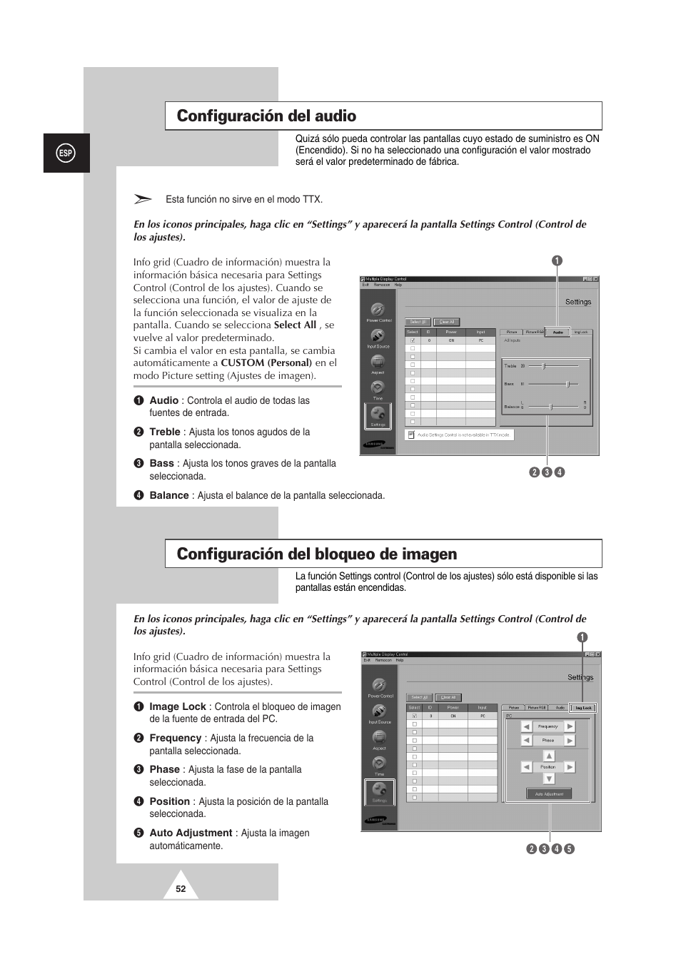 Configuración del audio, Configuración del bloqueo de imagen | Samsung PS-50P2HT User Manual | Page 276 / 337