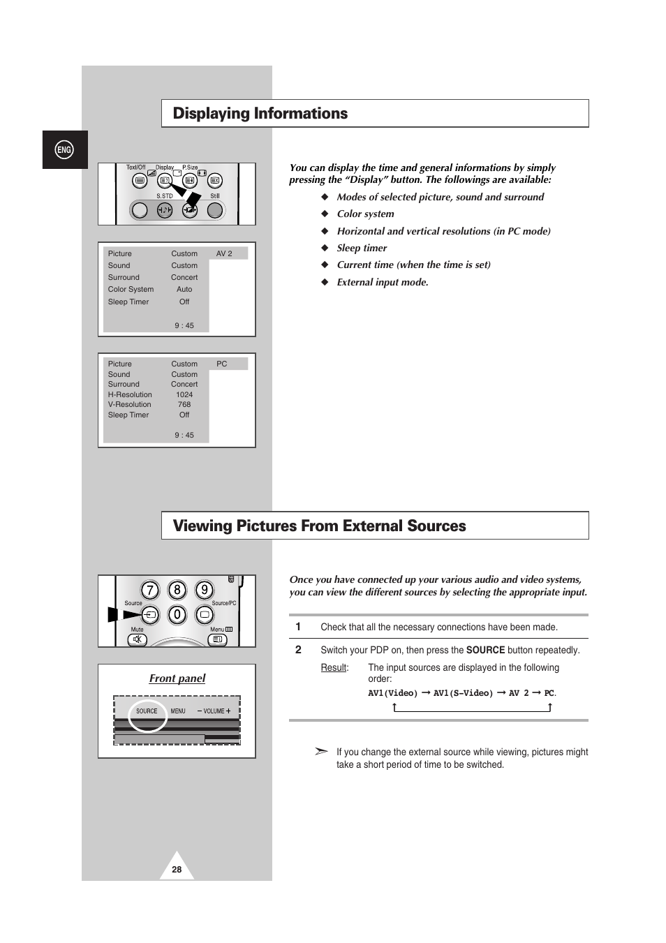 Viewing pictures from external sources, Displaying informations, Front panel | Samsung PS-50P2HT User Manual | Page 28 / 337