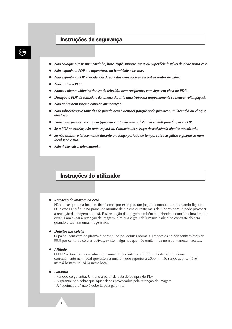 Instruções de segurança, Instruções do utilizador | Samsung PS-50P2HT User Manual | Page 282 / 337