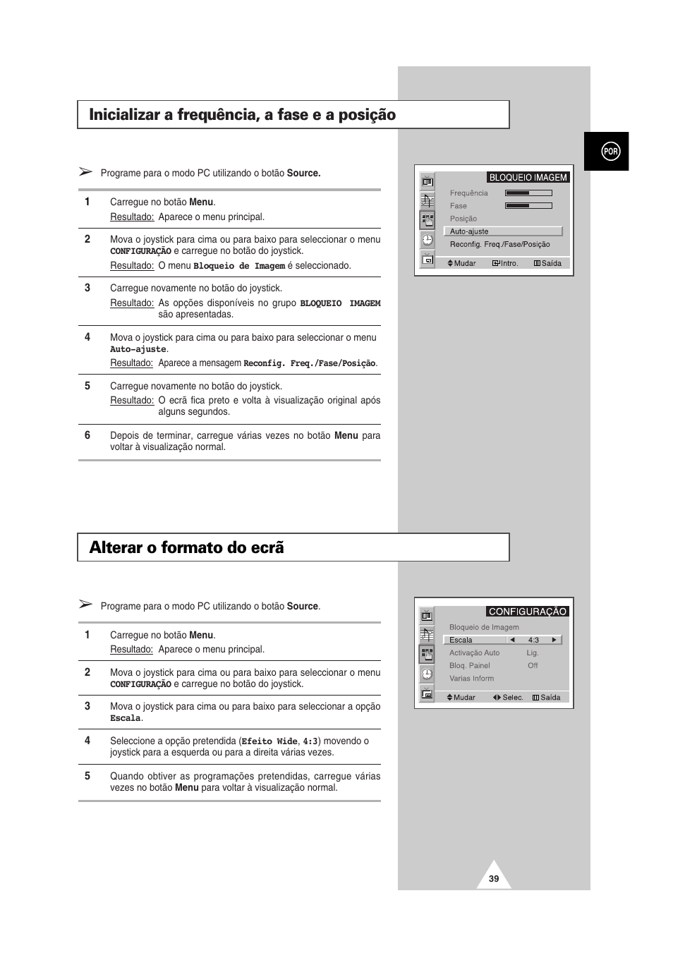 Alterar o formato do ecrã, Inicializar a frequência, a fase e a posição | Samsung PS-50P2HT User Manual | Page 319 / 337